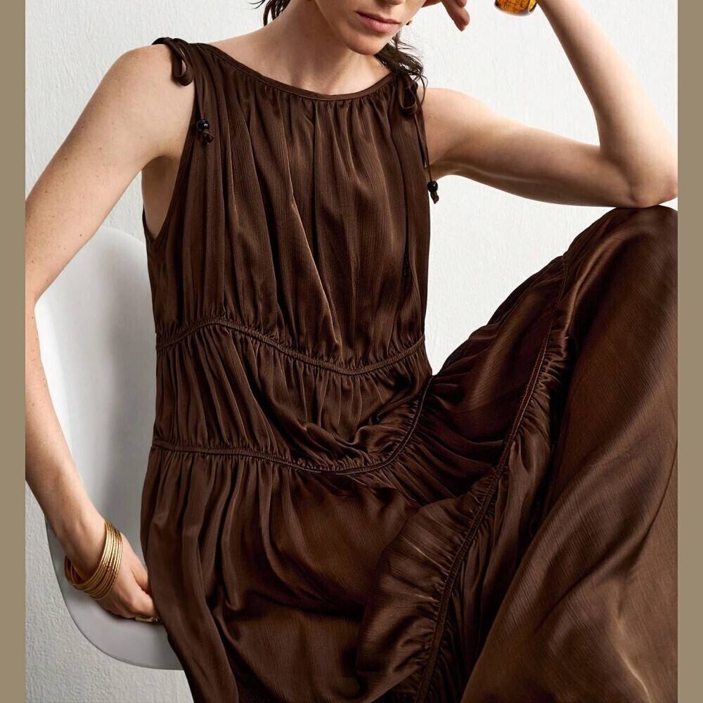 Chocolate Brown Tiered Cinched Maxi Dress with Shoulder Ties - Picture 4 of 9
